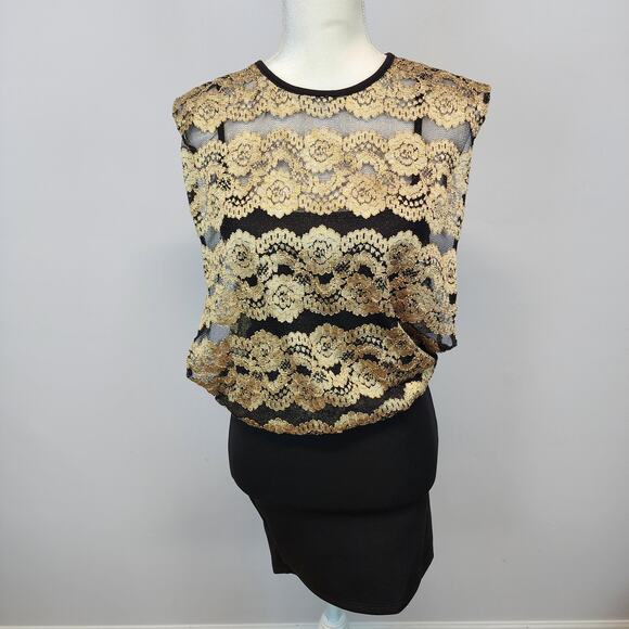Vintage Y2K Gold Lace Banded Mini Dress Size S Bodycon Sleeveless Evening Glam - Picture 4 of 14